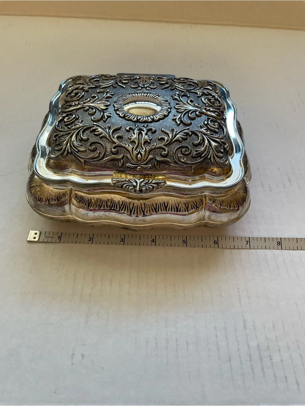 Vintage Godinger Silverplate Victorian Ornate Jewelry Box Red Velvet Lining